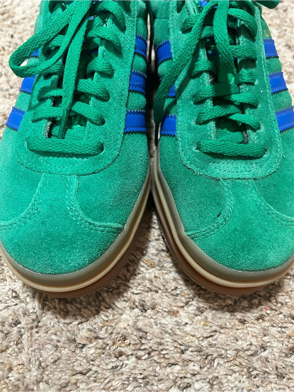 adidas Green Suede Sneakers with Blue Stripes and Gum Platform